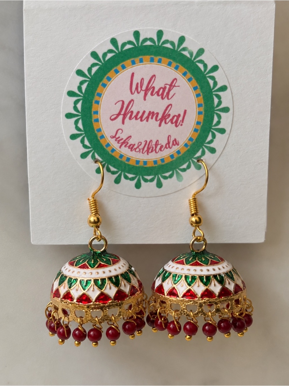 Hand-Painted Red & Green Jhumka Earrings - Gold Tone